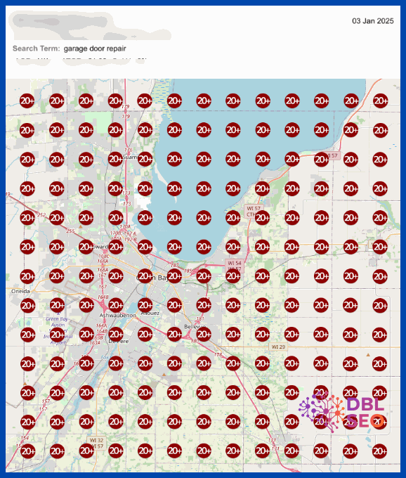 Animated GeoGrid showing garage door repair keyword rankings improving across local areas over time